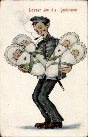 Postcard Leave the Nursery, Soldier with Five Babies, Cigarette