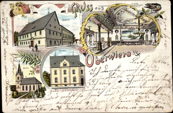 Chromo-Litho Oberwiera in Saxony, rectory, church, inn, interior view
