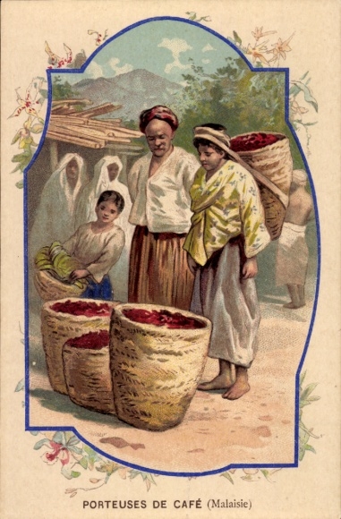 Postcard Malaysia, coffee carrier, coffee beans, advertising, Source St. Colomban