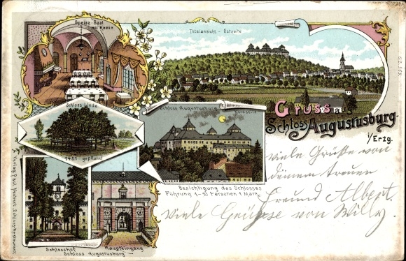 Litho Augustusburg im Erzgebirge, Totalansicht, Schloss, Linde, Speisesaal, Schlosshof