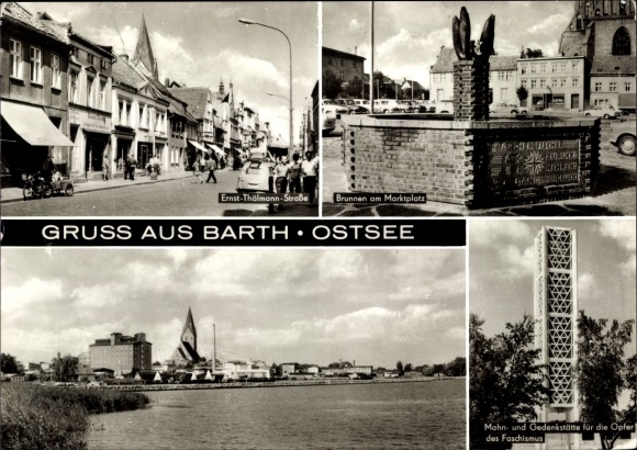 Postcard Barth on the Baltic Sea, fountain, market square, OdF memorial, Ernst Thälmann Straße