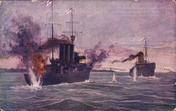 Artist Postcard Schulze, Hans Rudolf, German warship, Queen Luise, English minesweeper