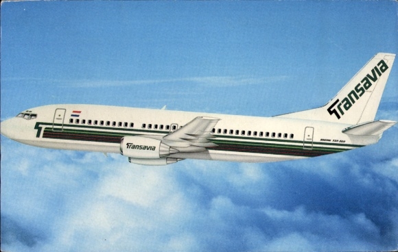 Postcard Dutch passenger aircraft, Boeing 737 300, Transavia