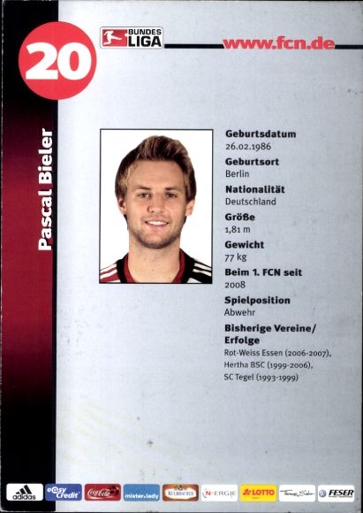Autograph card footballer Pascal Bieler, 1. FC Nuremberg, autograph