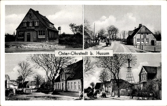 Ansichtkaart Wester Ohrstedt in Noord-Friesland, Oster, gasten- en bedrijfsgebouw, Frdr. Feddersen