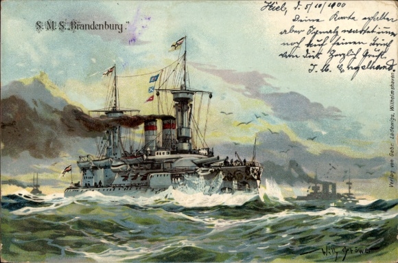Embossing Artist Chromo-Litho Stöwer, Willy, German warship, SMS Brandenburg, ship of the line