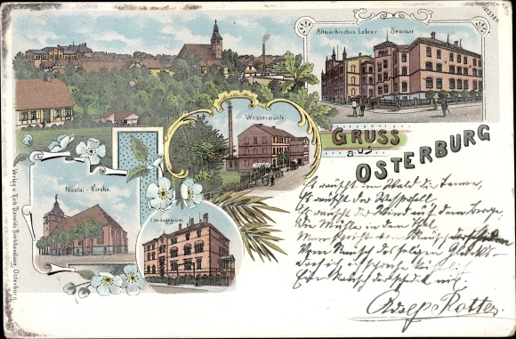 Chromo-Litho Osterburg in the Altmark, teachers&#39; seminary, water mill, Nicolai church, pedagogic