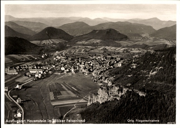 Postcard Hauenstein in the Palatinate, aerial photograph, village view, Palatinate Rock Country, black and white, landscape
