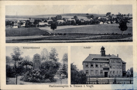 Postcard Hartmannsgrün Treuen im Vogtland, war memorial, school, Hartmannsgrün b. Treuen i. Vogtl.