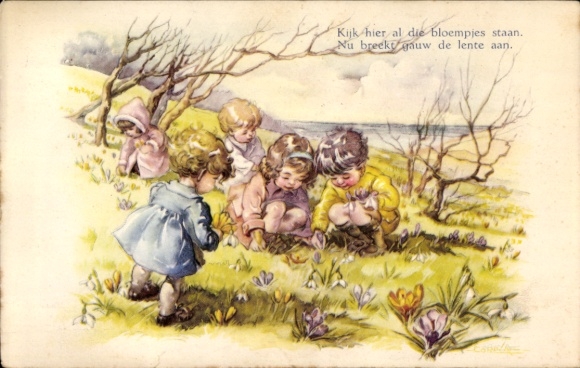 Chromo-Litho children, spring, flowers