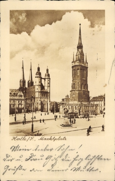 Ak Halle an der Saale, Marktplatz,  Gebäude, Menschen auf der Straße, 