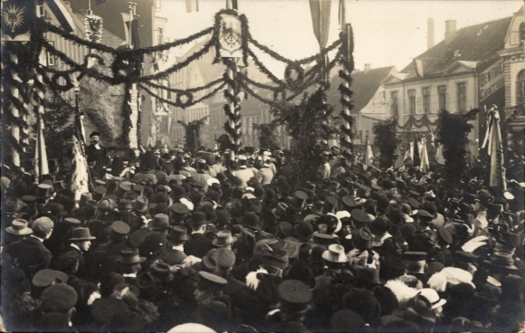 Fotokaart Sleeswijk aan de Schlei, festival, feestelijke decoraties, 1914