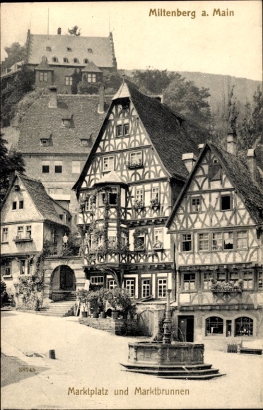 Postcard Miltenberg am Main Unterfranken, market square and market fountain