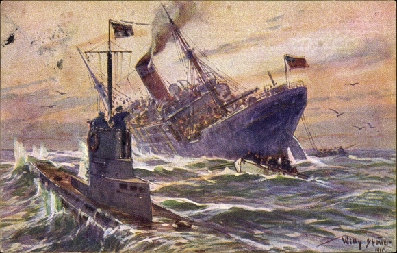 Artist PC Stöwer, Willy, Destruction of an English merchant steamer by a German U-boat