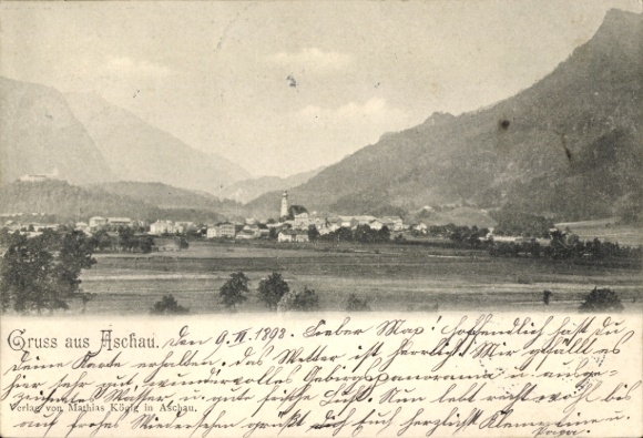 Postcard Aschau im Chiemgau Upper Bavaria, landscape photo, mountains, village view, greetings from Aschau