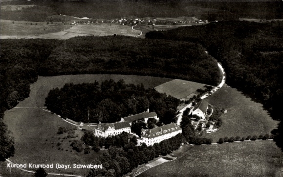 Postcard Krumbach in Swabia, Krumbad, aerial view of the spa town, landscape with forests and fields