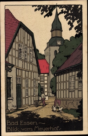 lithografie ansichtkaart Bad Essen in Nedersaksen, weggedeelte, man met kruiwagen, Meyerhof