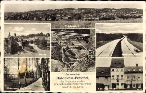 Ak Hohenstein Ernstthal, Markt, Autobahn, Birkenweg Haynholz, Karl May Haus, Sachsenring