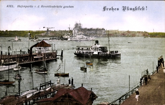 Postcard Kiel, harbor seen from the Reventlou bridge, warships, Happy Pentecost