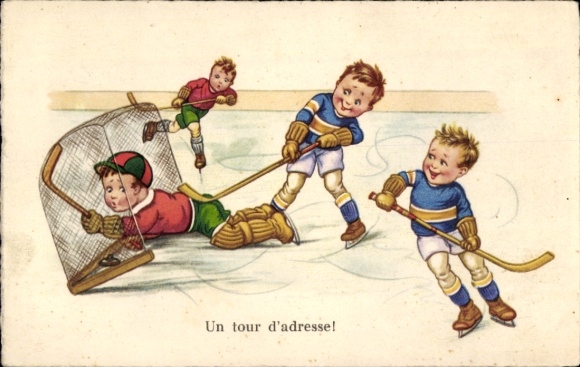 Artist Postcard A master shot, boys playing ice hockey