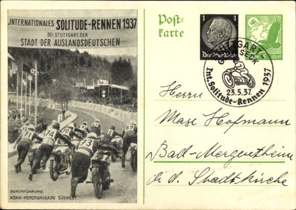 Postwaardekaart Stuttgart, Intern Solitude race 1937, NSKK Motor Brigade Southwest, PP 145 C2