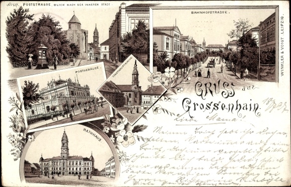 Chromo-Litho Grossenhain in Saxony, Poststrasse, town hall, post office building, Bahnhofstrasse, main town church