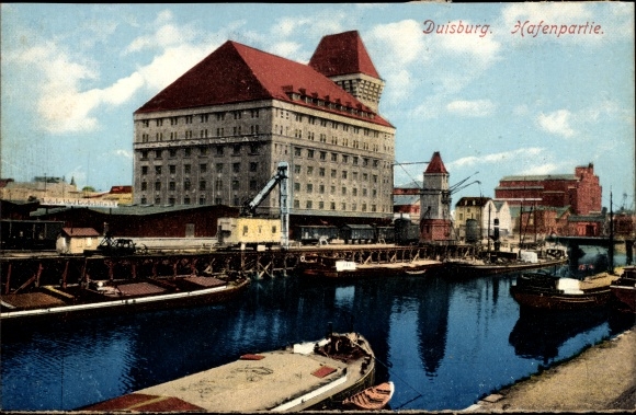 Ansichtkaart Duisburg, havendeel, schepen
