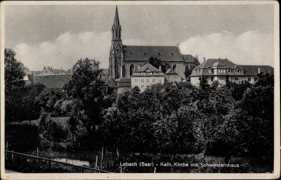 Postcard Lebach in Saarland, Catholic church, nurses&#39; house