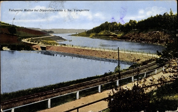 Postcard Malter Dippoldiswalde in the Eastern Ore Mountains, dam, pre-dam, railway tracks