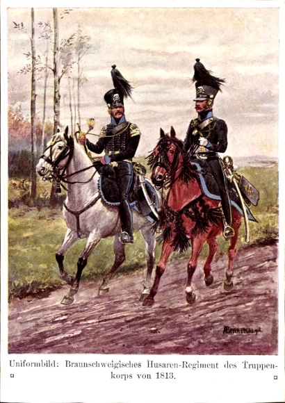 Kunstenaar Ak Beyer-Pegau, Braunschweig Huzarenregiment van het Troepenkorps van 1813, uniformen