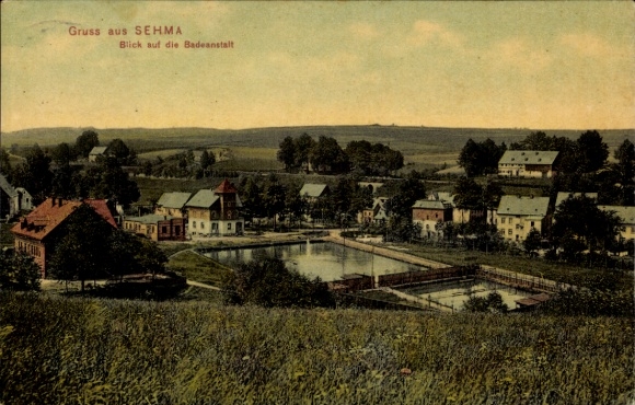 Ak Sehma Sehmatal im Erzgebirge, Gesamtansicht, Badeanstalt