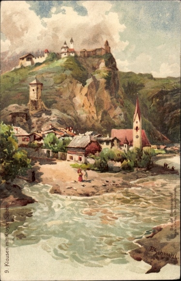 Artist Chromo-Litho Schmohl, P., Klausen Chiusa d&#39;Isarco South Tyrol Italy, place with monastery Säben