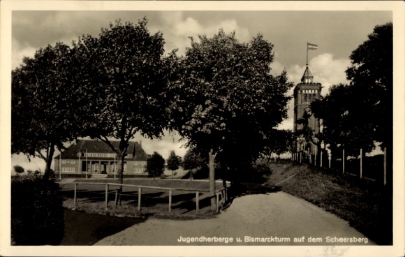 Ak Scheersberg Steinbergkirche in Angeln, Jugendherberge, Bismarckturm