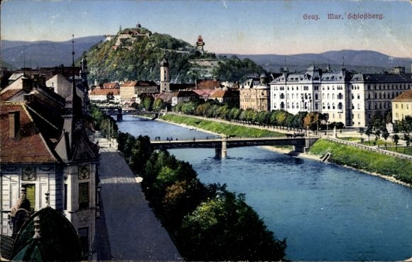 Ak Graz Steiermark, Flusslandschaft, Schlossberg, Brücke, Gebäude, Stadt Graz