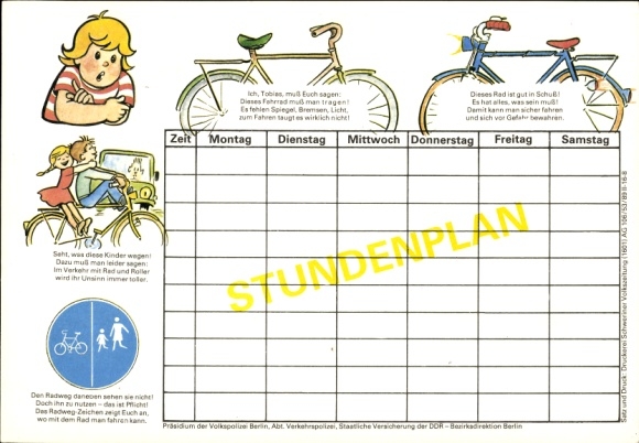 Timetable GDR Presidium People&#39;s Police Berlin, Dept. Traffic Police, Bicycle Safety around 1970