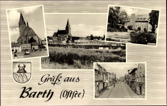 Postcard Barth on the Baltic Sea, market square, St. Marien, coat of arms, Ernst-Thälmann-Strasse, town hall