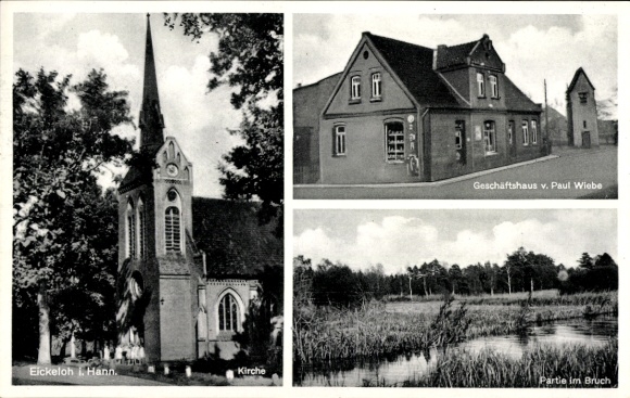 Postcard Eickeloh in Lower Saxony, church, commercial building, in Bruch