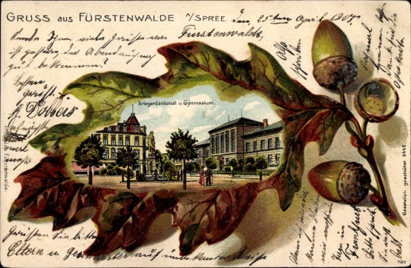 Embossed oak leaf litho Fürstenwalde an der Spree, war memorial and high school