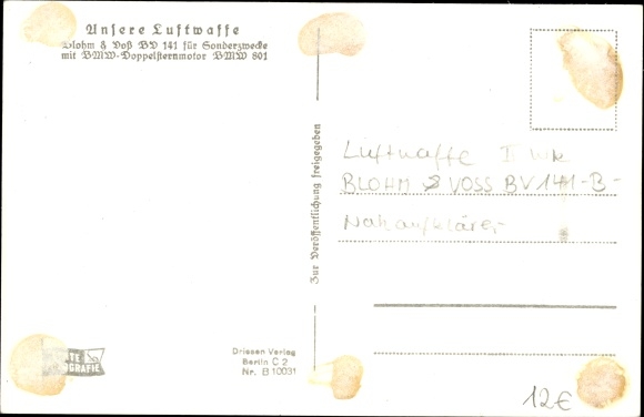 Postcard German Air Force, Blohm &amp; Voß BV 141 for special purposes with BMW double engine BMW 801