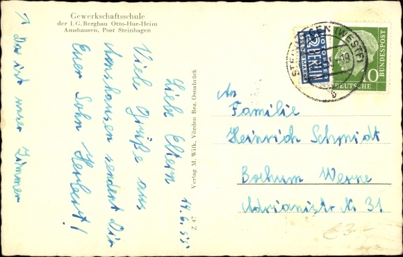 Postcard Amshausen Steinhagen Westfalen, Union School, Otto Hue Heim