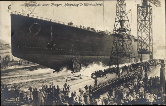 Postcard Wilhelmshaven, launching of the cruiser SMS Hindenburg, Imperial Navy