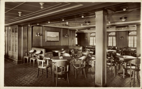 Postcard HSDG steamer Monte Sarmiento, twin-screw motor ship, smoking room