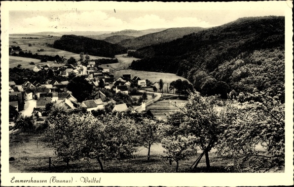 Ak Emmershausen Weilrod im Weiltal Hochtaunuskreis, uitzicht op de vallei van de plaats, boombloesem