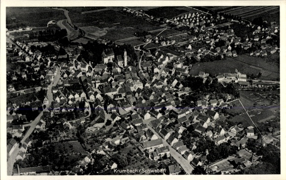 Postcard Krumbach in Swabia, Krumbad, aerial view of Krumbach/Swabia, many houses, rural surroundings