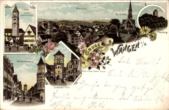 Chromo-Litho Wangen Allgäu, Catholic Parish Church, Herrenstrasse, Prassberg Ruin, Lindau Gate