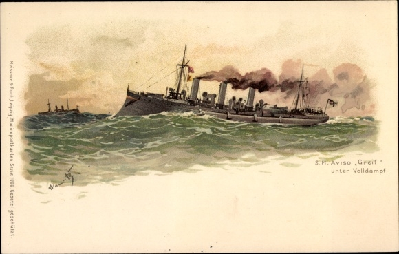 Artist Chromo-Litho Bohrdt, Hans, German Warship, SMS Greif, Aviso