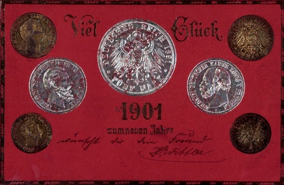 Präge Ak Glückwunsch Neujahr 1901, Geld, Münzen