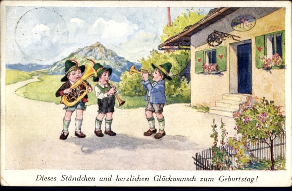 Postcard Happy birthday, three young people in traditional costumes playing music