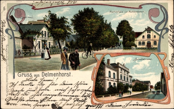 Art Nouveau Chromo-Litho Delmenhorst in Lower Saxony, Market Square, Mühlendamm, Schulstrasse