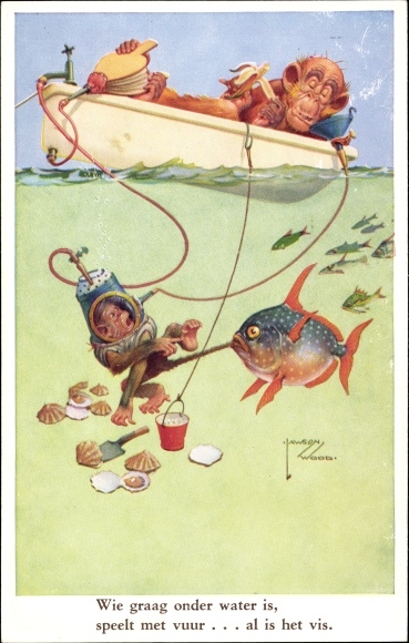 Artist Postcard Wood, Lawson, fish has divers on the tail, anthropomorphized monkeys, anglers in the boat